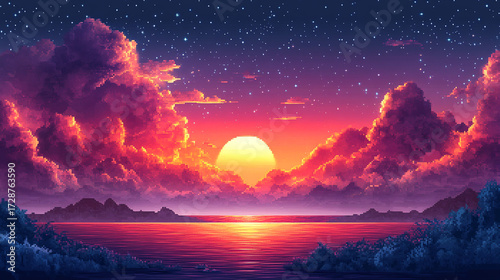 Colorful Sunset Over Water, Lush Landscape, Starry Night