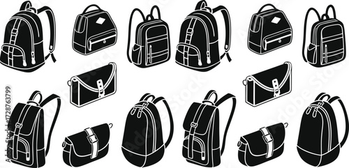 Black Line School Bag Icons Set including Flat Education Student Backpack and Stationery Symbol Collection with Minimal Schoolbag Icon Group for UI Web Classroom College and Learning Design Projects
