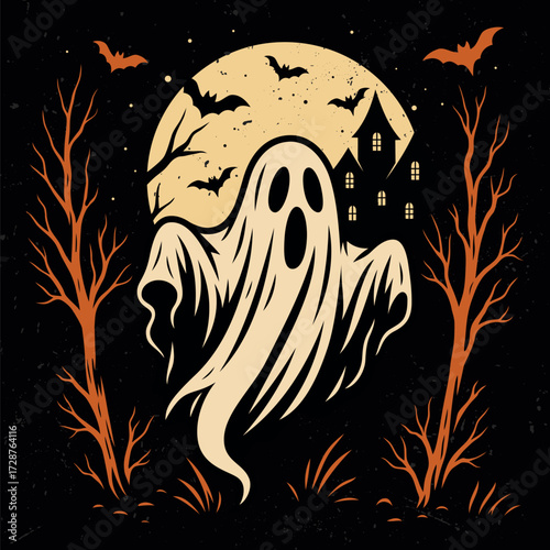 Spooky halloween vector illustration featuring a scary ghost. Tee design for printing. Good for poster, wallpaper, t-shirt, gift.