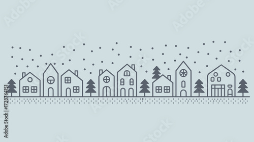 A simple line drawing of a winter village with houses and trees under falling snow illustration art design