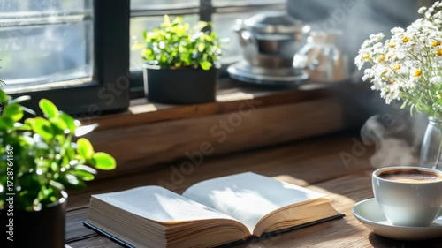 Wallpaper Mural Cozy morning with a steaming coffee cup, open book, and fresh flowers by sunlit window Torontodigital.ca