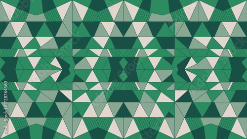 Abstract geometric pattern with green and beige triangles arranged in a symmetrical kaleidoscope style