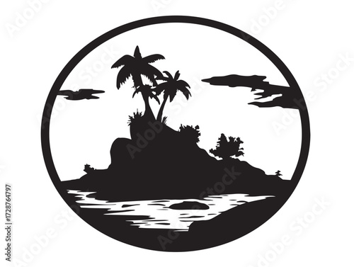 Tropical desert island silhouette icon with palm trees