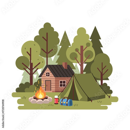 Idyllic flat illustration of a serene forest campsite featuring a cozy wooden cabin, a green tent, and a warm crackling campfire, perfect for a peaceful nature escape and outdoor adventure