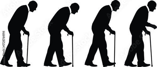 Black Silhouette Vector Sequence of Elderly Person Walking with Cane Showing Mobility Progression, Aging, Rehabilitation, and Human Movement Study