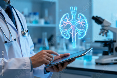Doctor examining a digital hologram of lungs on a tablet in a laboratory setting