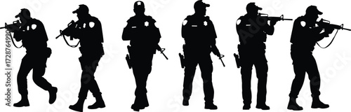 Black Silhouette Vector Set of Armed Tactical Figures in Military and Law Enforcement Gear Showing Movement, Stance, and Operational Readiness