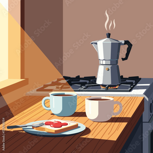 Morning Still Life Coffee Brewing with Toast and Sunlight