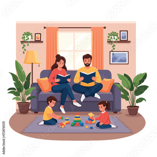 A cheerful family enjoys quality time at home, with parents reading books on the sofa while their young children happily play with colorful building blocks on the floor