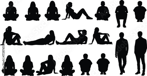 Black Silhouette Vector Set of Seated and Standing Human Figures in Relaxed, Cross-Legged, Upright, and Reclining Poses for Design Use