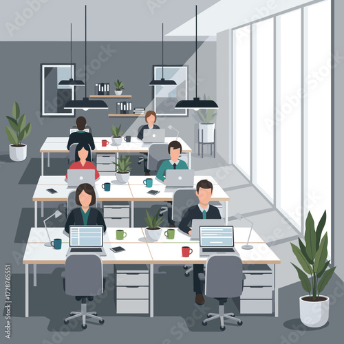Modern Office Interior with Employees Working on Computers at Desks in a Bright Space