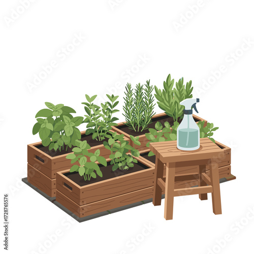 Vibrant illustration of a compact herb garden with fresh plants in wooden raised beds and a spray bottle, representing sustainable home cultivation
