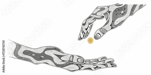 Stylized artistic hands exchanging a single gold coin in a symbolic gesture of giving or receiving