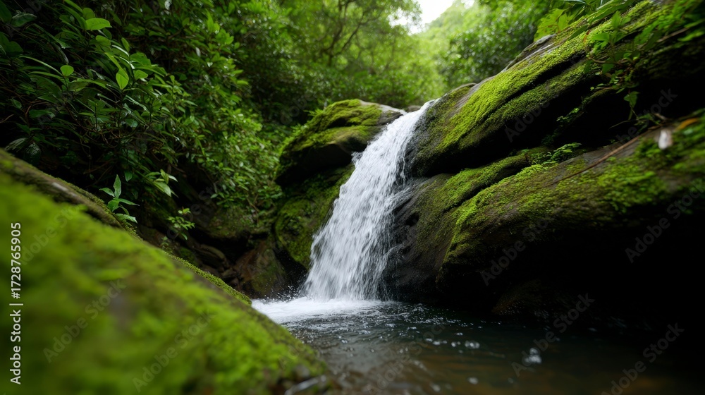 Naklejka premium Lush Jungle Waterfall Cascading Over Mossy Rocks in Serene Environment