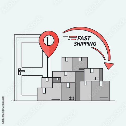 E-commerce logistics and quick courier service concept showing packages arriving at a residential door with a location pin illustration