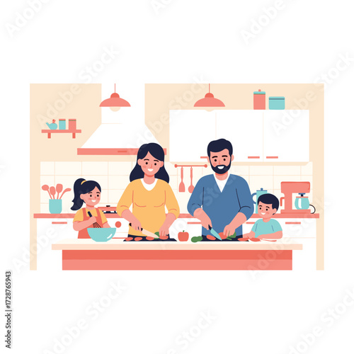 Joyful parents and children collaborate in the kitchen, chopping fresh vegetables for a healthy family meal, promoting bonding and culinary education in a modern home