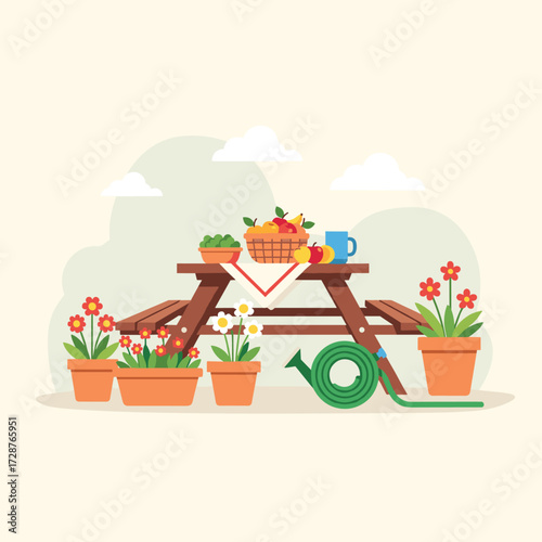 Picnic Table Surrounded by Potted Flowers and Garden Hose, Fresh Fruit in Basket and Cup