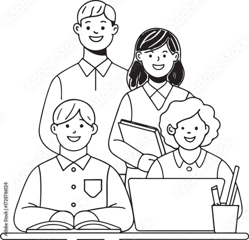 Diverse group of people reading and learning together in a circle outline sketch vector art