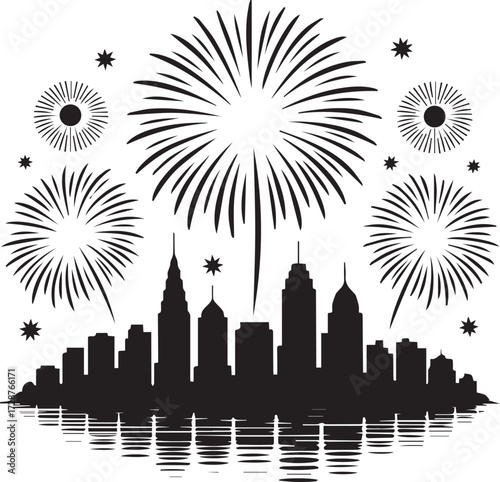 Stylized silhouette of a city skyline at night with a vibrant display of fireworks exploding above the buildings reflecting in the water below