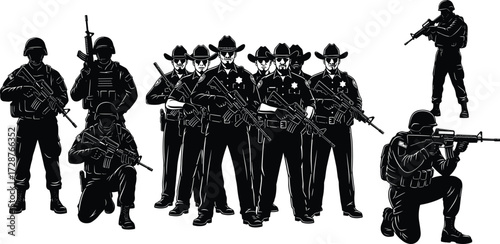 Silhouette vector of armed military and sheriff personnel in tactical gear, showcasing authority, security roles, discipline, and enforcement posture design