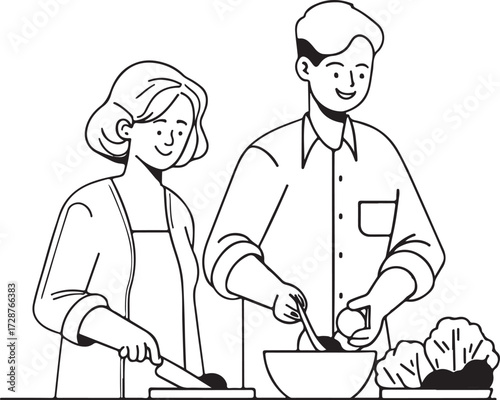 Happy couple cooking together in the kitchen enjoying a meal preparation activity outline sketch vector art