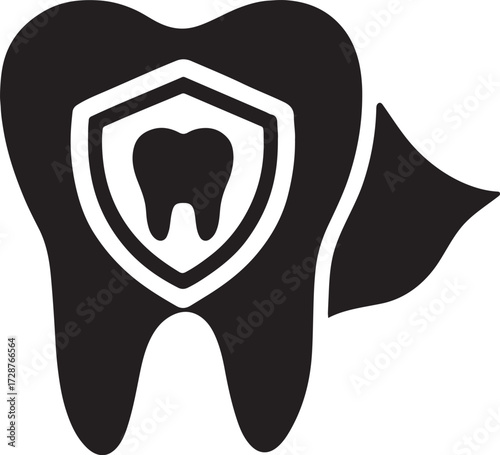 Silhouette of a tooth shield superhero icon, symbolizing strong dental protection and care.