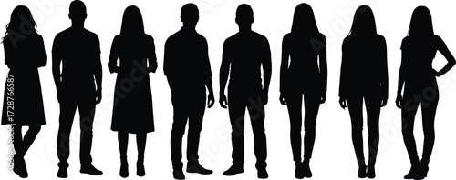 Silhouette vector of diverse standing human figures showcasing posture, fashion outlines, body language, character modeling, and identity-neutral design