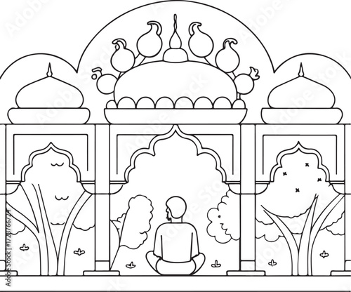 Ornate archway framing a mosque and peacock under a crescent moon