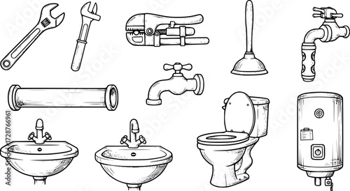 Hand drawn plumbing tools and fixtures collection for diy projects