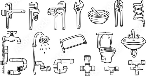 Hand drawn plumbing tools and fixtures collection for diy projects