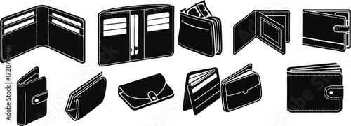 Black Line Wallet Icons Set including Flat Money Purse Finance and Payment Symbol Collection with Minimal Wallet Icon Group for UI Web Banking Cash Currency Shopping and Business Design Projects