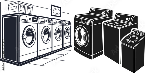 Black Line Washing Machine Icons Set including Flat Laundry Appliance Cleaning and Home Symbol Collection with Minimal Washer Icon Group for UI Web Household Clothes Wash and Interior Design Projects