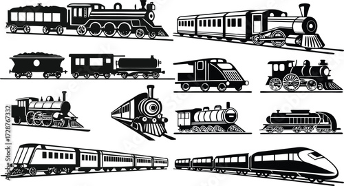 Black Line Trains Icons Set including Flat Railway Metro Subway and Locomotive Symbol Collection with Minimal Train Icon Group for UI Web Transport Travel Transit and Station Design Projects