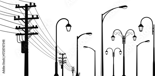 Silhouette vector of streetlights and utility poles showcasing urban infrastructure, electrical distribution, lighting design, and public utility architecture diversity