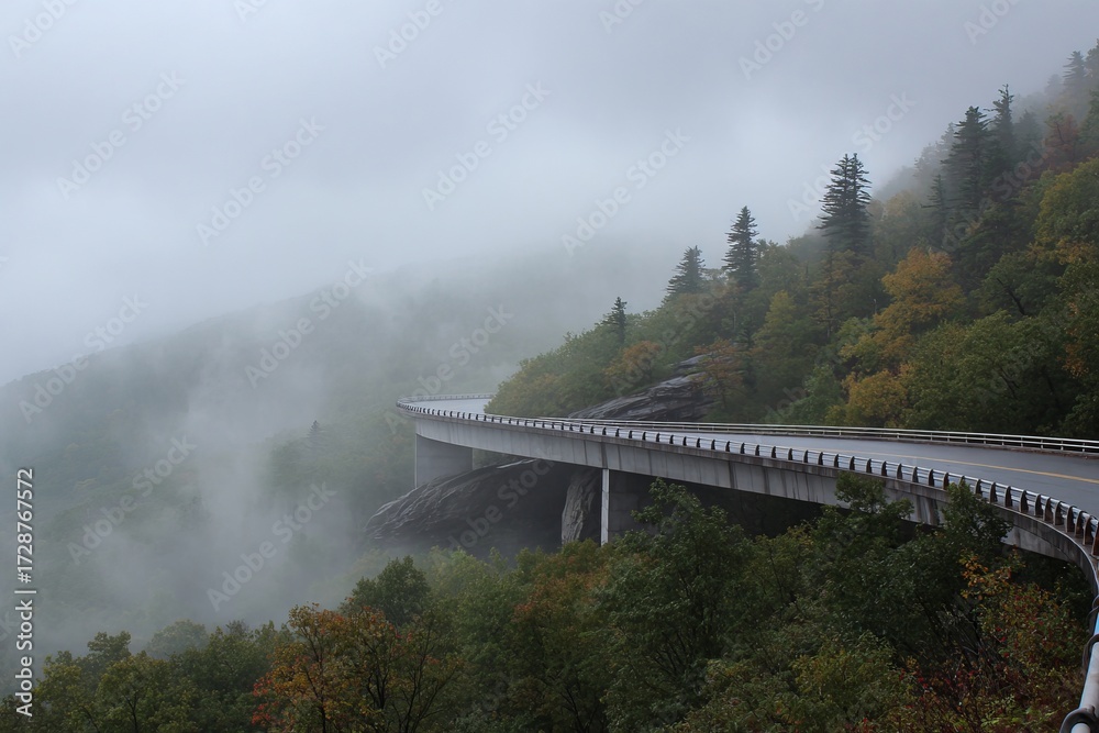 Fototapeta premium Mountain road bridge in misty foggy landscape