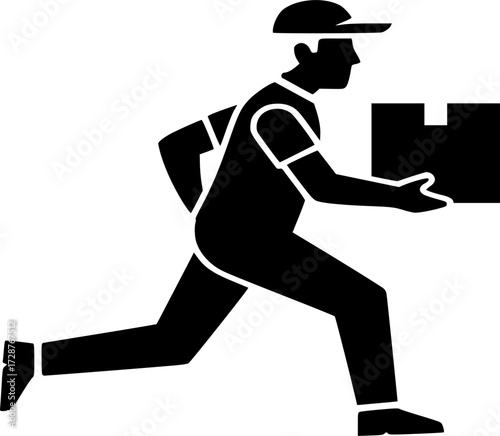 Delivery icon. Running delivery man holding box icon, postman, courier, home delivery, parcel, shipping concept