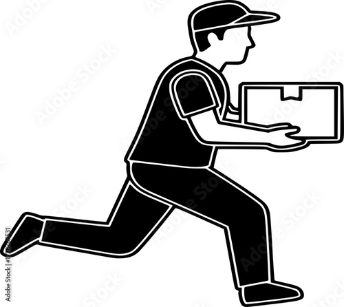 Delivery icon. Running delivery man holding box icon, postman, courier, home delivery, parcel, shipping concept