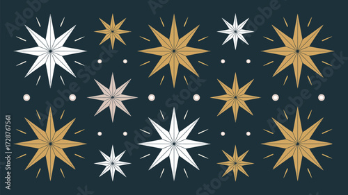A pattern of white and gold stars with radiating lines and small dots on a dark blue background is shown