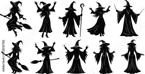 Silhouette vector of witches in dramatic poses with hats, robes, and broomsticks for Halloween, fantasy, magic, and character design themes