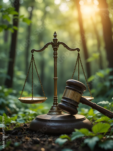 A scale and gavel in a lush forest represent environmental law and justice with nature's serene and beautiful backdrop.