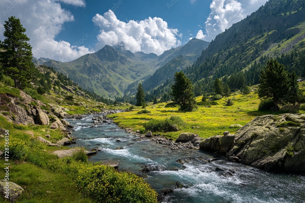 Fototapeta premium Mountain valley with flowing river and pine trees