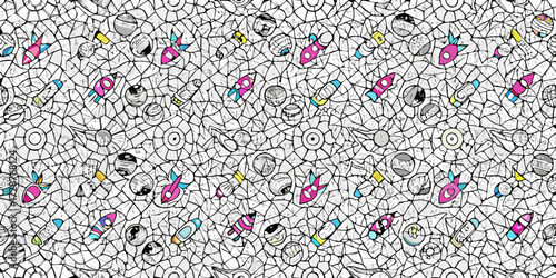 Whimsical cartoon space rockets and planets seamless pattern on a cracked white background