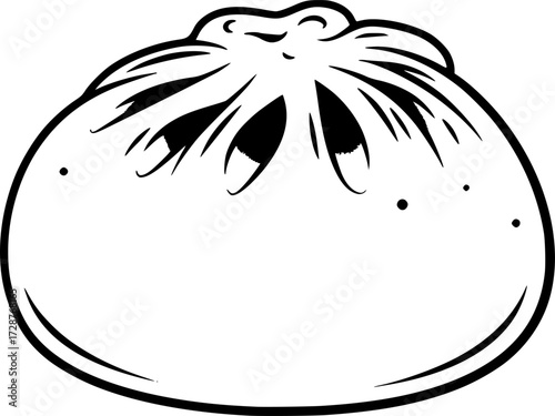A stylized black and white illustration of a steamed bun (baozi)