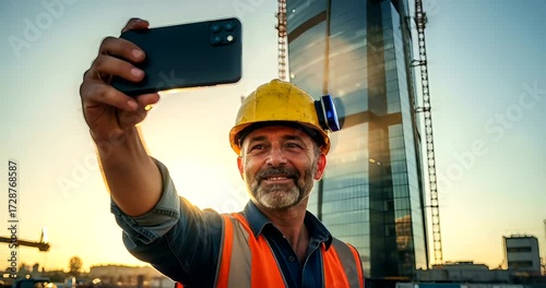 Construction worker taking selfie on building site, modern building background, golden hour