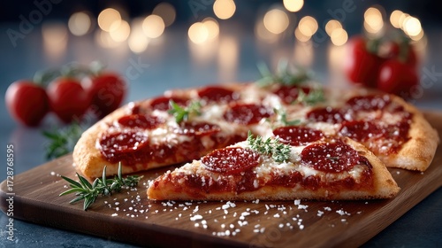 Pepperoni Pizza Slice on Wooden Board with Tomato and Rosemary Against Blurred Bokeh Background