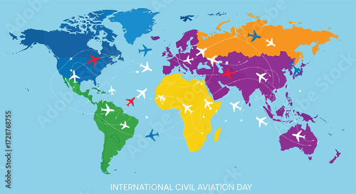 Colorful flat vector design of world map with airplanes flying along dotted routes connecting continents, representing International Civil Aviation Day, clean and uplifting composition