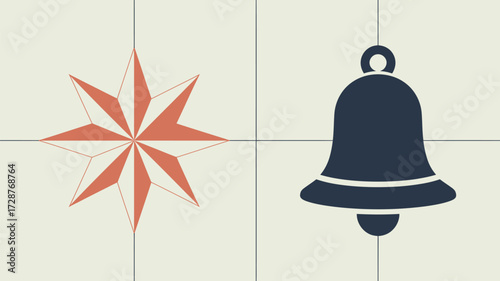 A graphic illustration of a star shape and a bell shape on a grid background in a simple style