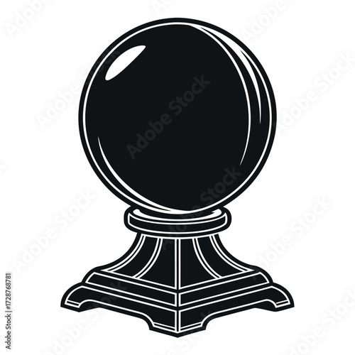 Solid Black Crystal Ball Silhouette on Ornate Stand on White Background (2).eps