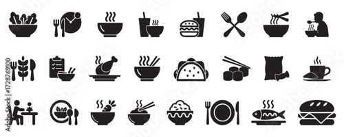 Collection of diverse food and dining icons representing meals and cuisine isolated on white background
