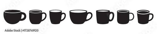 Collection of six black ceramic coffee mugs displayed in a row isolated on white background